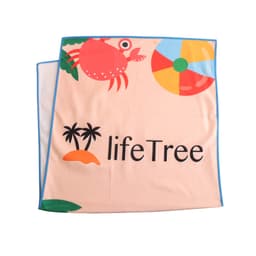 A microfibre beach towel in peach colour featuring a crab, beach ball, and palm trees, with branding present.