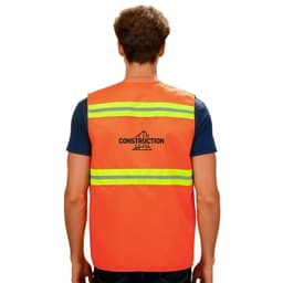 A hi-vis reflective orange safety vest with yellow stripes and pockets, featuring a logo on the back.