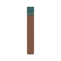 A custom PU bookmark in brown and teal, featuring two brass studs at the top.
