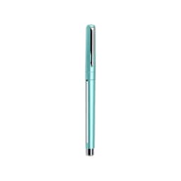 A teal pen with a silver clip and cap, featuring a sleek design and shiny finish.