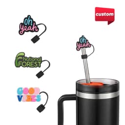 A drink bottle with a custom shape straw cover featuring colourful designs, including text and a logo.