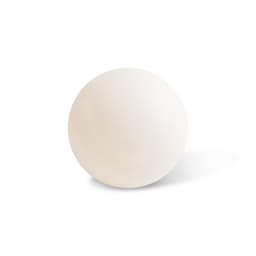 A white table tennis ball with a smooth surface, featuring a logo.