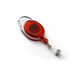 A red retractable oval card holder with a silver clip and clear strap. It includes a small attachment for cards.