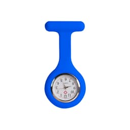 A blue silicone nurse watch with a round face featuring numbers and a logo.