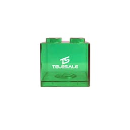 A green square block coin bank with a logo, resembling a classic building block design.