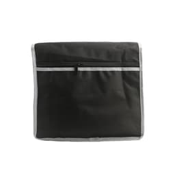 A black portable tool bag featuring grey trim and a zippered pocket on the front. The bag has a simple design.