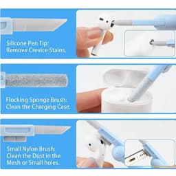 A 7 in 1 cleaning kit with silicone pen tip, flocking sponge brush, and small nylon brush in blue and white colours.