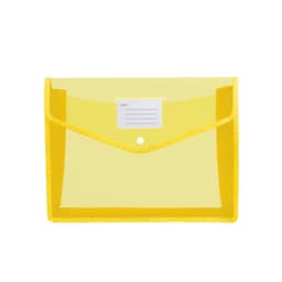 A yellow expanding document folder featuring a transparent front and a label area, with a closure button.