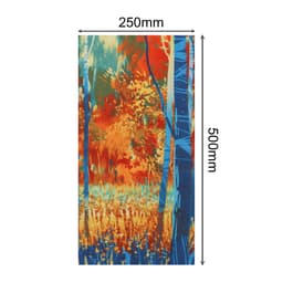 A vibrant, patterned gaiter featuring blues, oranges, and yellows, depicting a nature scene with trees and foliage.