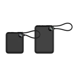 A black power bank with a charging cable, featuring two sizes and a small display on one.