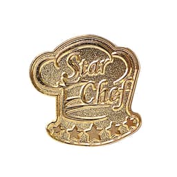 A gold lapel pin shaped like a chef's hat with stars and the words "Star Chef".