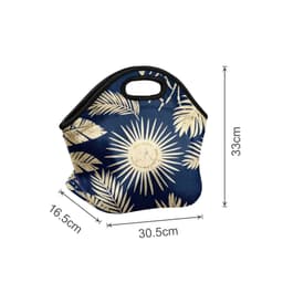 A navy blue neoprene lunch bag with a floral design, featuring a handle and dimensions indicating its size.