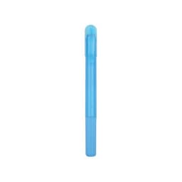 A blue highlighter crayon with a translucent body and a cap, featuring a textured grip and branding.