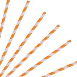 A collection of orange and white striped disposable 3-ply drinking paper straws arranged diagonally.