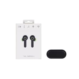 Black true wireless earbuds with a charging case, displayed alongside their packaging. The package features a logo.
