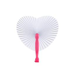 A heart-shaped plastic paper fan featuring a pink handle and white pleated paper design.
