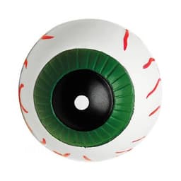 A 63mm eyeball-shaped stress ball with a white exterior, green iris, and black pupil, featuring red veins and a logo.