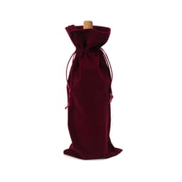 A drink bottle bag in rich burgundy flannel with a drawstring closure. Features a cork stopper and a logo.