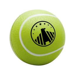 A bright yellow tennis-shaped stress reliever with a textured surface and a logo printed on it.