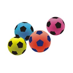 A set of four colourful football-shaped stress relievers in pink, orange, blue, and yellow with black details.