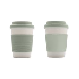 A drink bottle styled coffee cup in pale green, made from bamboo fibre with a silicone lid and sleeve, featuring a logo.