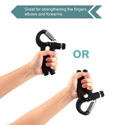 A black adjustable hand grip, designed for strengthening fingers, elbows, and forearms, held in two different hand positions.