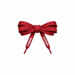 A set of red custom shoelaces tied in a bow, featuring branding on the ends.