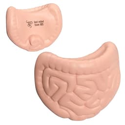 A pink intestines-shaped stress reliever with a textured surface, featuring a branding logo.