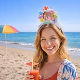 A woman at the beach wears a colourful headband with a decorative topper while holding a drink.