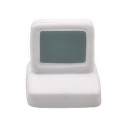 A white computer-shaped stress reliever with a grey screen and a soft, squishy texture. It has a logo on it.