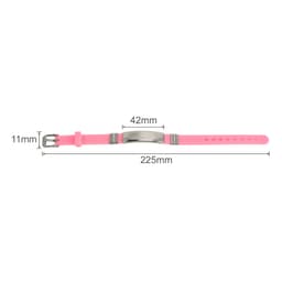 A pink metal bracelet featuring a stainless steel clasp and measuring 225mm in length and 42mm in width.