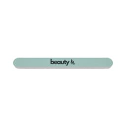 A double-sided polished nail file in a soft green and white colour, featuring a logo.