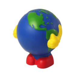 A blue and green stress ball in the shape of Earth, featuring yellow arms and red feet.