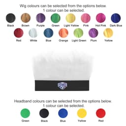 A selection of colours for a Solid Headband Wig and matching headbands in various shades including black, green, and red.
