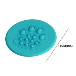 A teal silicone frisbee with a textured paw print design, 16 cm in diameter, featuring a branding logo.