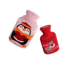 A pink penguin-themed hot water bottle and a red reindeer-themed hot water bottle, both with knitted covers.