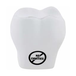 A white tooth-shaped stress reliever with a logo on its base, designed for fun and stress relief.