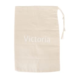 A large cotton produce bag in a light beige colour with a drawstring closure. It features a logo.