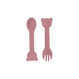 A bear-shaped silicone kids cutlery set in soft pink, featuring a spoon and fork with bear-shaped ends.