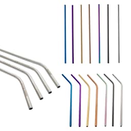 A collection of stainless steel drinking straws in various colours, some with a slight bend, displayed together.