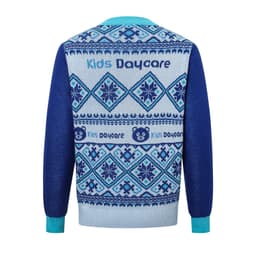 A blue and light blue unisex acrylic cotton jacquard sweater featuring a patterned design. It has a logo on the back.