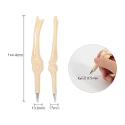 A knee joint bone pen in a light beige colour, featuring a refillable 0.5mm black ink tip, with dimensions shown.