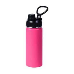A pink stainless steel drink bottle with a black lid and a carry handle. Features a sleek, double wall vacuum design.