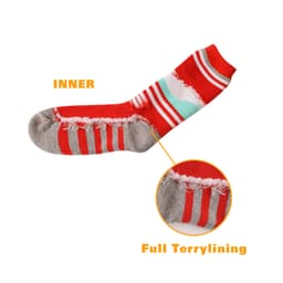 A pair of red and grey striped thermal socks with a padded inner lining and a logo.