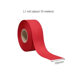 A roll of red ribbon, approximately 10 metres long and 100mm wide, on a cardboard core.