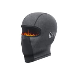 A black winter balaclava cycling face mask with a fiery graphic on the front and a logo on the side.