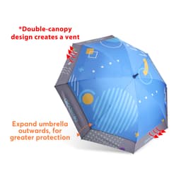 An expandable golf umbrella featuring a blue double-canopy design with geometric patterns and a vent. It has a logo.