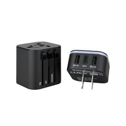 A black Luminous Travel Adapter with multiple plug configurations and two USB ports. It features a logo on the side.