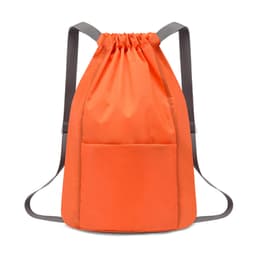 An orange drawstring backpack features adjustable straps and a front pocket. It includes a logo on the side.