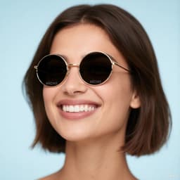 Retro round sunglasses with a gold frame and dark lenses, modelled by a woman with a short brown bob hairstyle.
